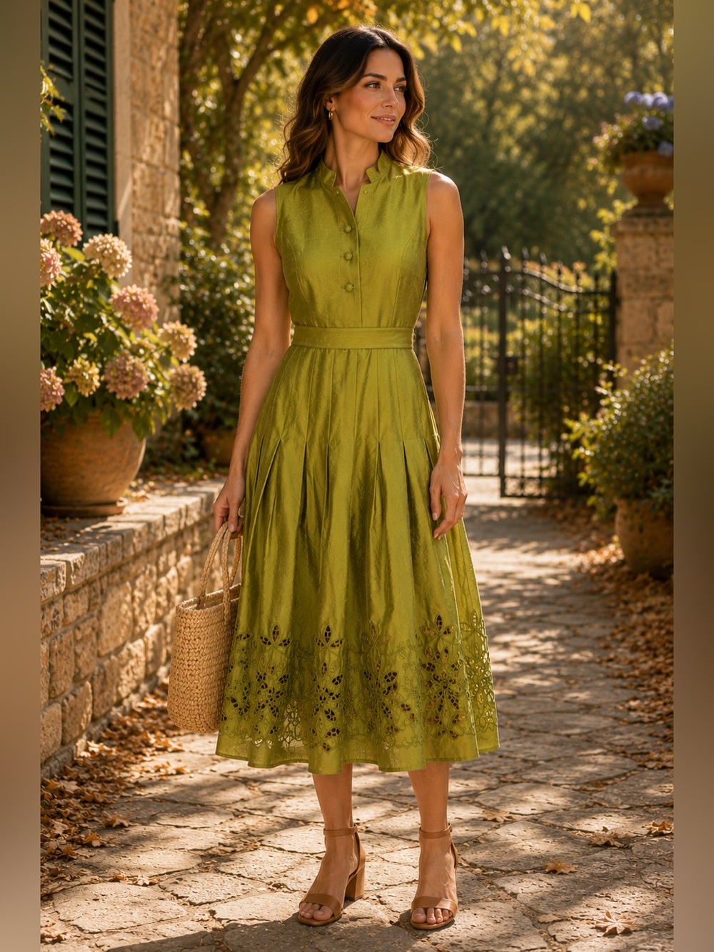 Coldwater Creek Sleeveless Green Belted Embroidered Midi Dress